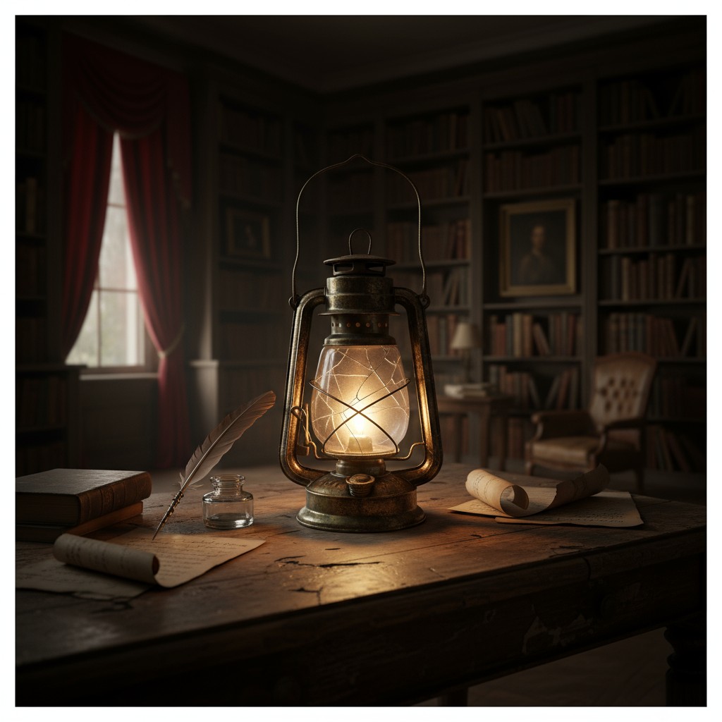 An old cabin, an antique lantern, a desk and an empty room full of books are depicted.