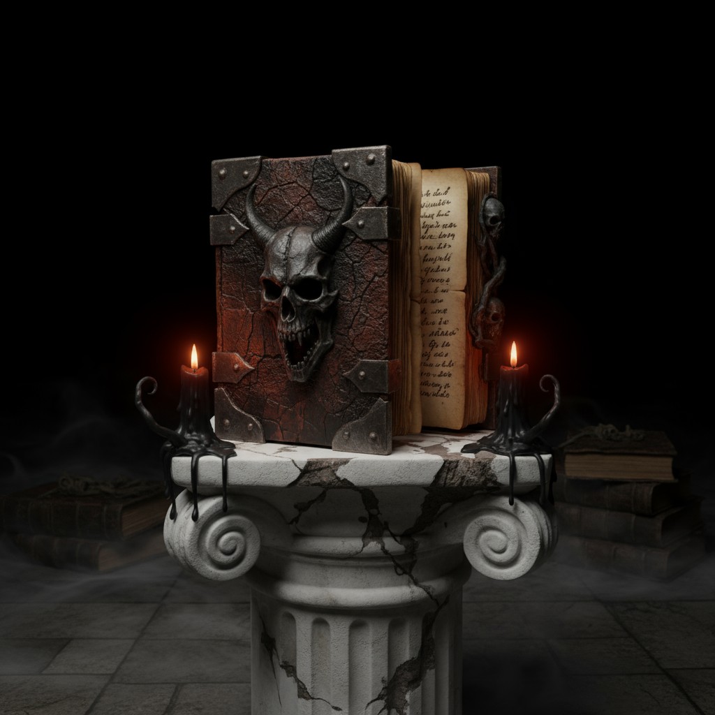 A mysterious, ancient-looking book with a dark, gothic cover featuring a skull and horns, adorned with two lit candles on ...