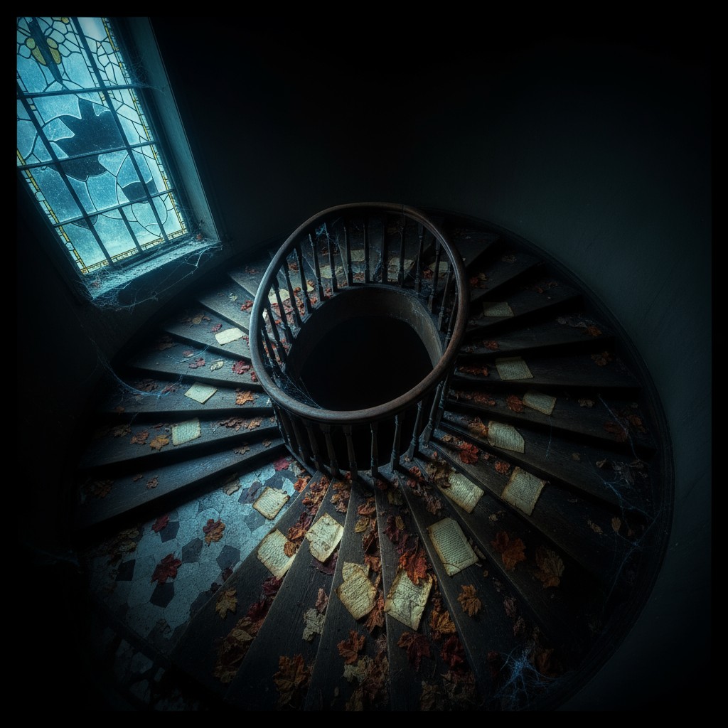 An abandoned spiral staircase with autumn leaves scattered on the steps and documents, and a stained glass window with a b...