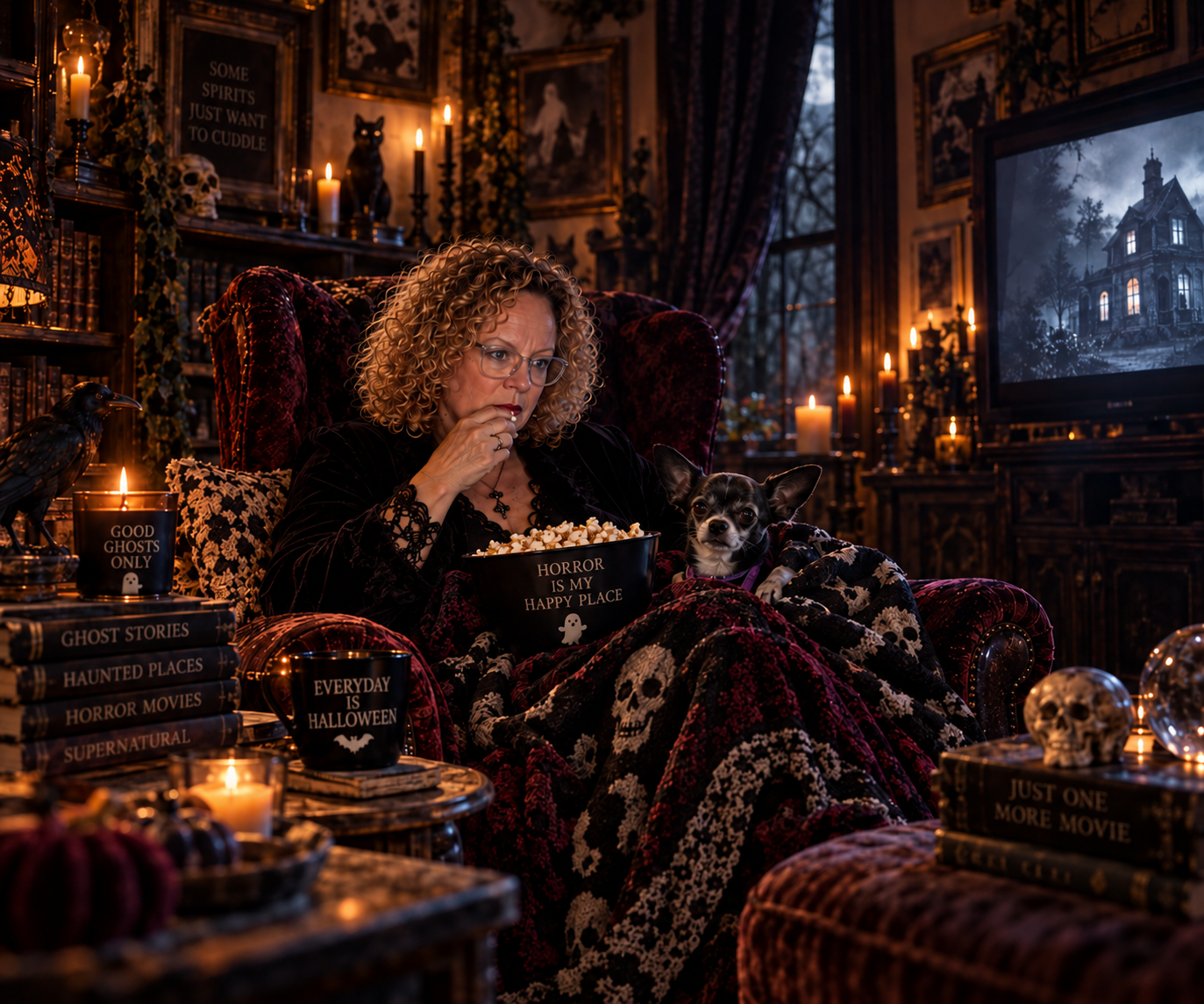 MK Randall watching a horror movie with Princess Boo in a haunted screening room