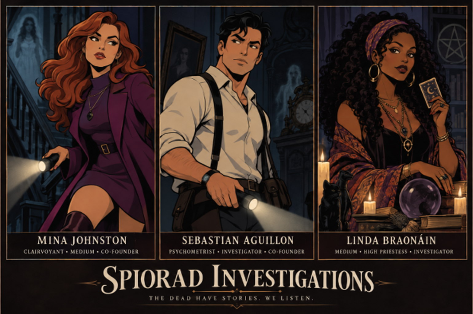 Mina Johnston, Sebastian Aguillon, and Linda Braonáin of Spiorad Investigations