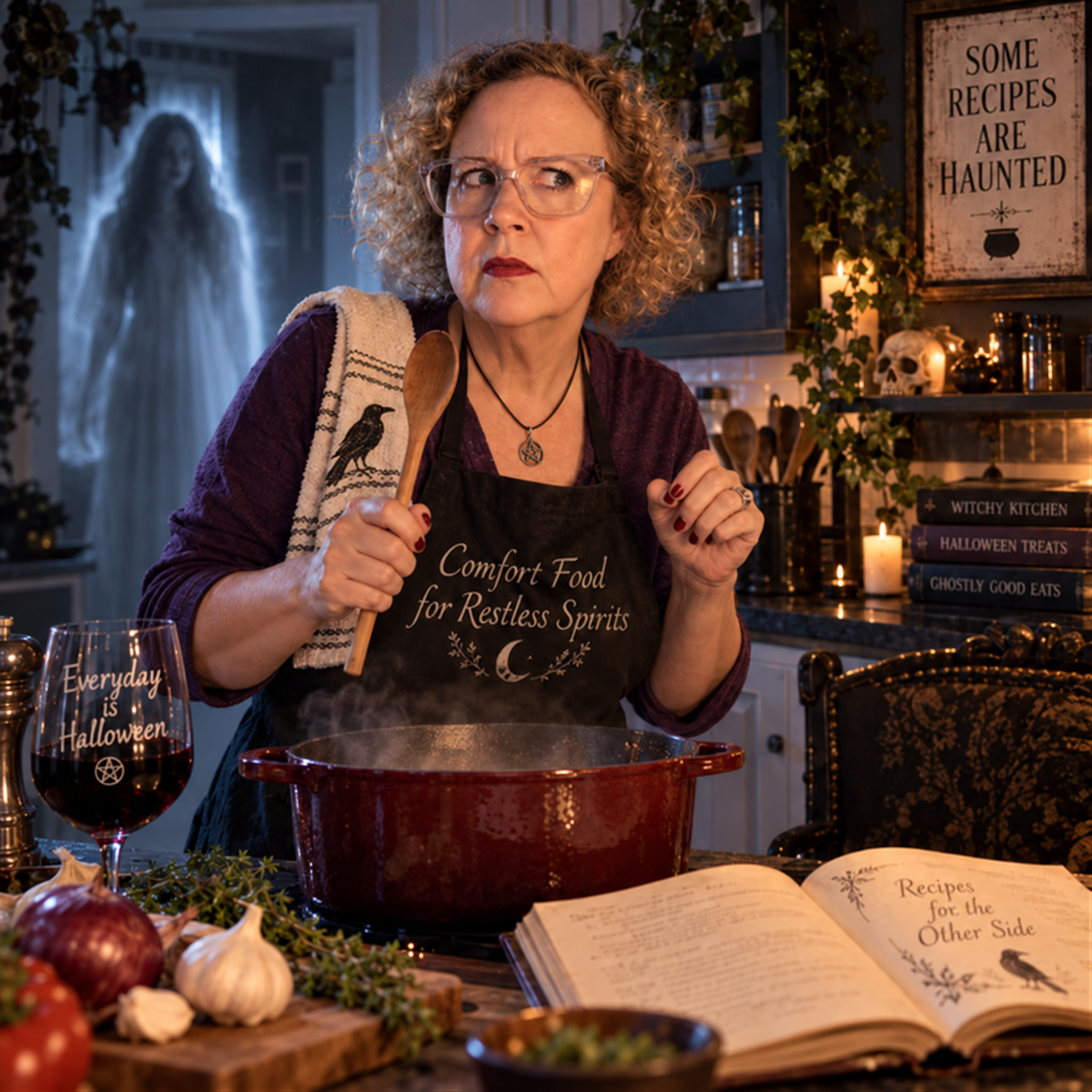 MK Randall cooking in a haunted kitchen while a ghost watches from the doorway