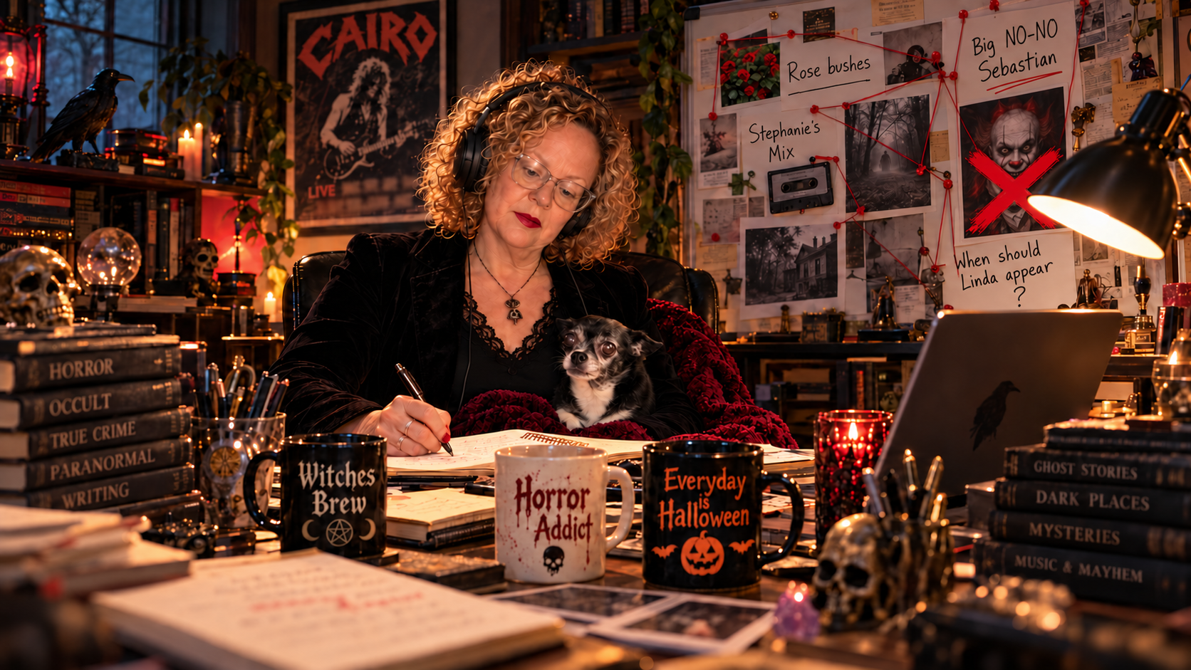 MK Randall writing with headphones while Princess Booboo supervises from her lap in a cozy horror writing room.