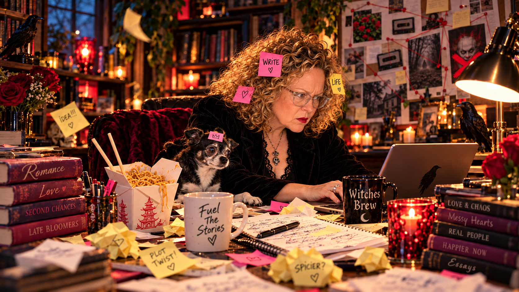 MK Randall, covered in Post-it notes, writing intently at her laptop while Princess Booboo supervises beside Chinese takeout.