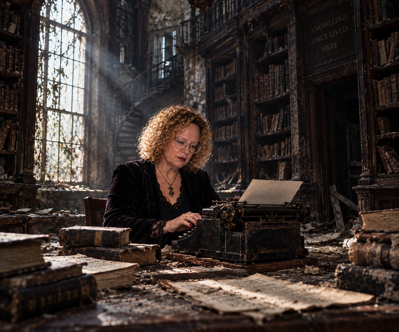Author MK Randall in an atmospheric library
