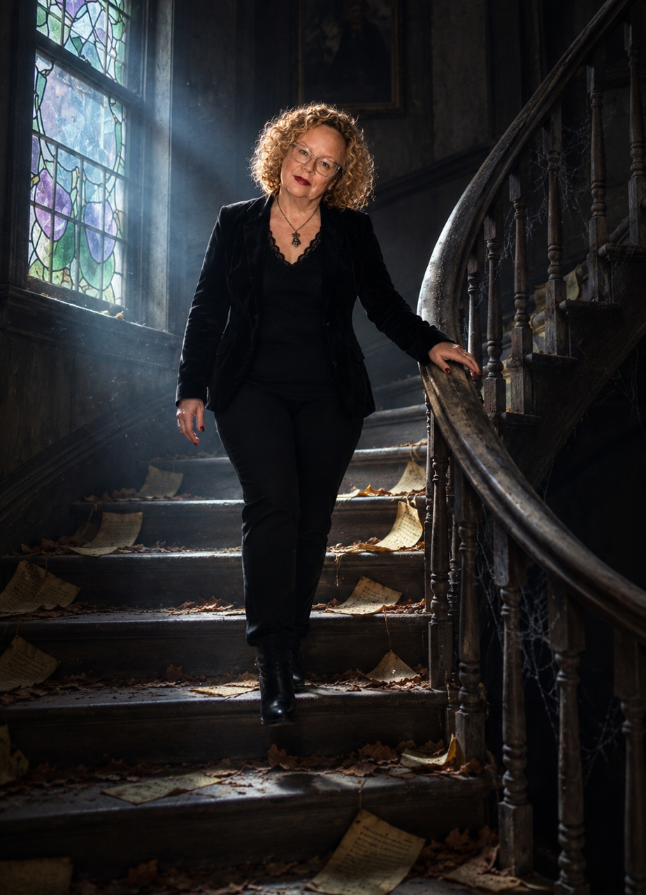 MK Randall descending the staircase of a dark, atmospheric haunted house
